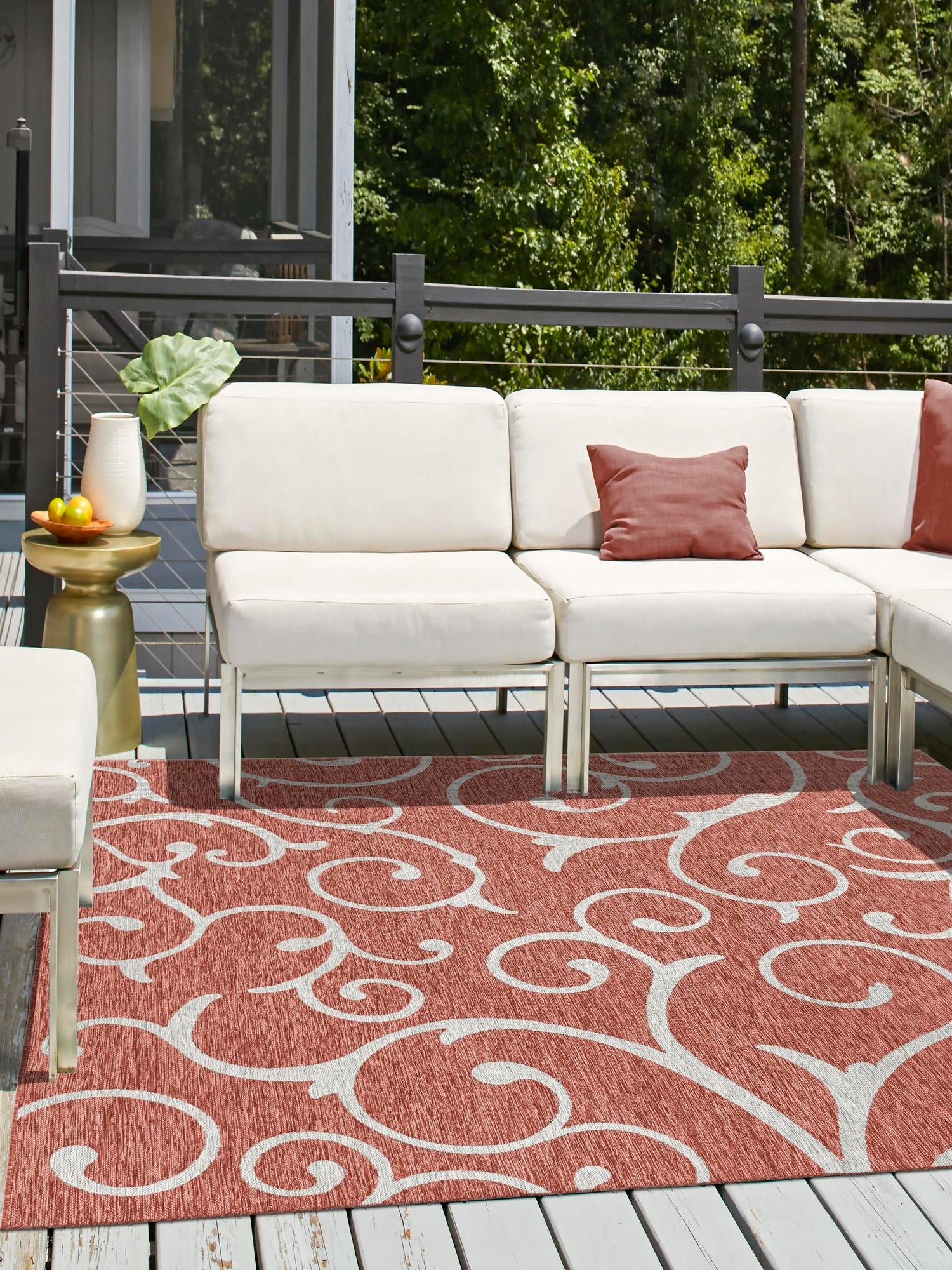 Rust Red 13' 1 x 13' 1 Outdoor Botanical Square Area Rug Weather Resistant for Patio, Deck, Terrace, Balcony, Porch Polypropylene Garden Floral Tropical Carpet for Sale at Rug Engine