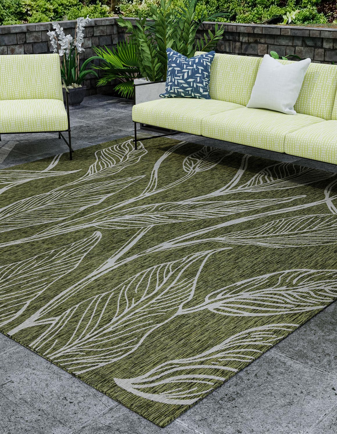 Green 10' x 10' Outdoor Botanical Square Area Rug Weather Resistant for Patio, Deck, Terrace, Balcony, Porch Polypropylene Garden Floral Tropical Carpet for Sale at Rug Engine