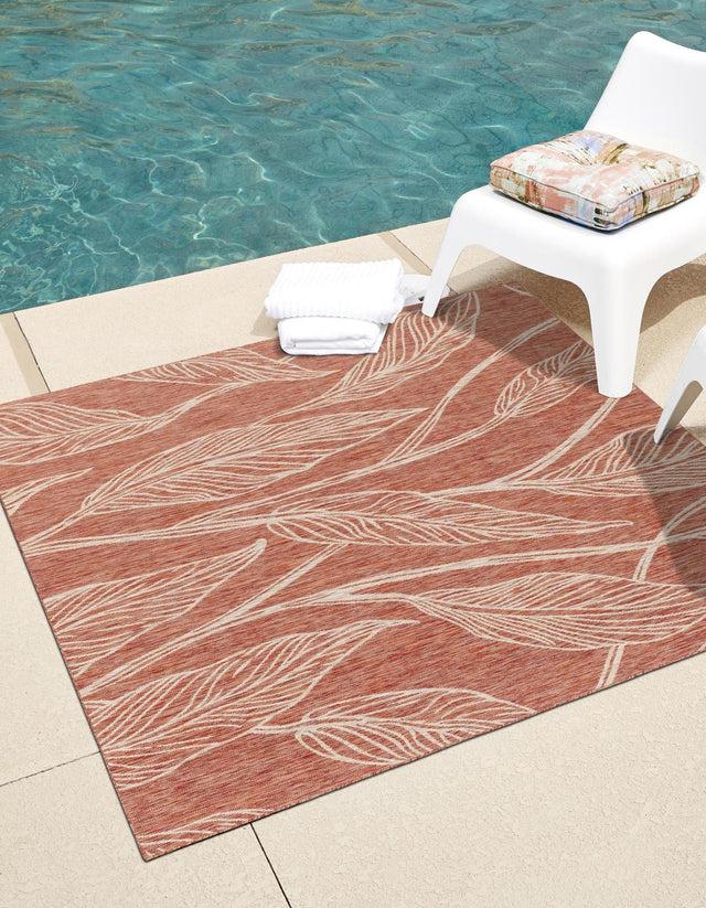 Rust Red 10' 8 x 10' 8 Outdoor Botanical Square Area Rug Weather Resistant for Patio, Deck, Terrace, Balcony, Porch Polypropylene Garden Floral Tropical Carpet for Sale at Rug Engine