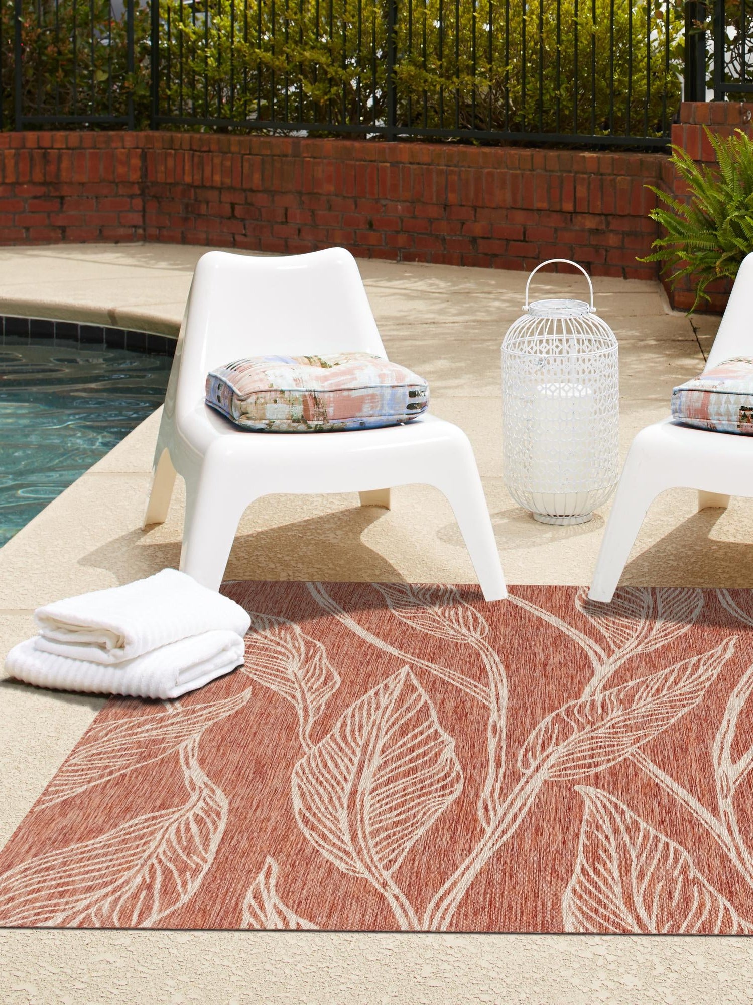 Rust Red 13' 1 x 13' 1 Outdoor Botanical Square Area Rug Weather Resistant for Patio, Deck, Terrace, Balcony, Porch Polypropylene Garden Floral Tropical Carpet for Sale at Rug Engine