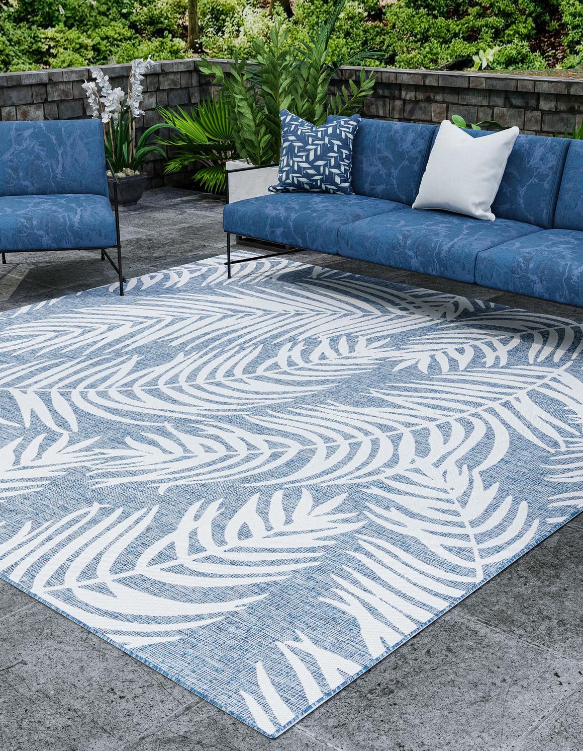 Blue 10' x 10' Outdoor Botanical Square Area Rug Weather Resistant for Patio, Deck, Terrace, Balcony, Porch Polypropylene Garden Floral Tropical Carpet for Sale at Rug Engine