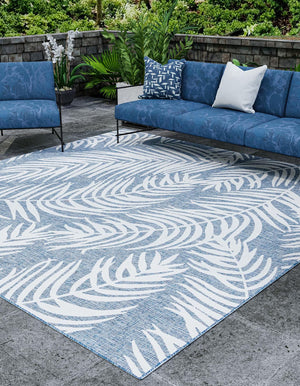 Blue 10' 8 x 10' 8 Outdoor Botanical Square Area Rug Weather Resistant for Patio, Deck, Terrace, Balcony, Porch Polypropylene Garden Floral Tropical Carpet for Sale at Rug Engine