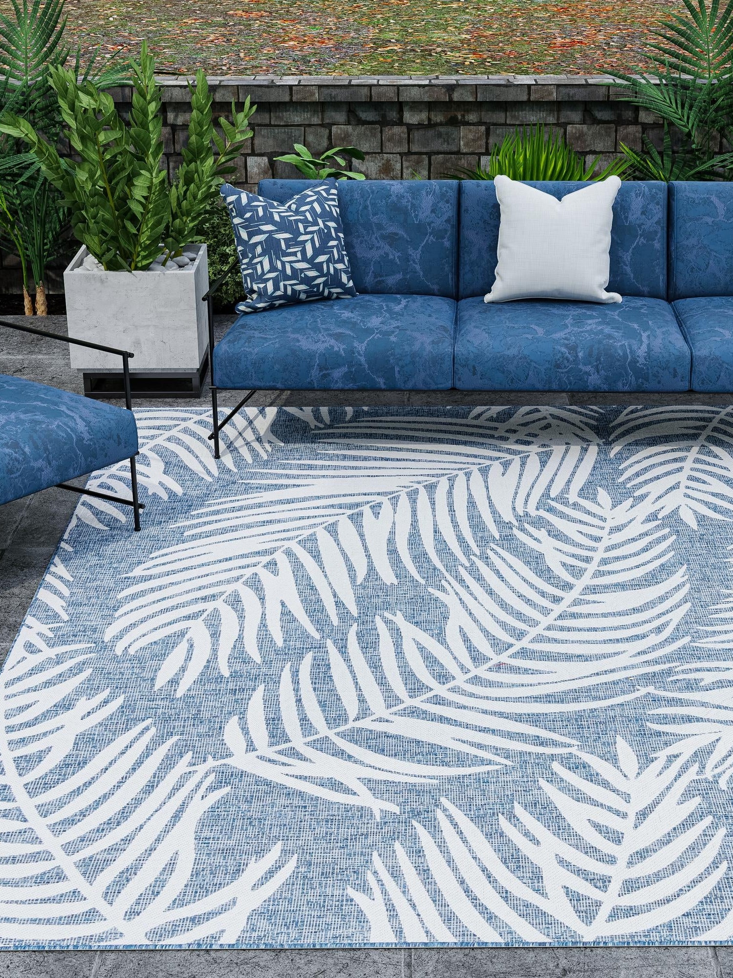 Blue 13' 1 x 13' 1 Outdoor Botanical Square Area Rug Weather Resistant for Patio, Deck, Terrace, Balcony, Porch Polypropylene Garden Floral Tropical Carpet for Sale at Rug Engine