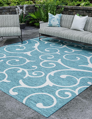 Teal 10' 8 x 10' 8 Outdoor Botanical Square Area Rug Weather Resistant for Patio, Deck, Terrace, Balcony, Porch Polypropylene Garden Floral Tropical Carpet for Sale at Rug Engine