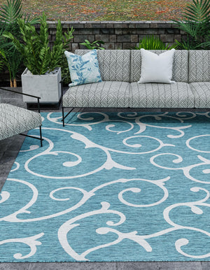 Teal 13' 1 x 13' 1 Outdoor Botanical Square Area Rug Weather Resistant for Patio, Deck, Terrace, Balcony, Porch Polypropylene Garden Floral Tropical Carpet for Sale at Rug Engine