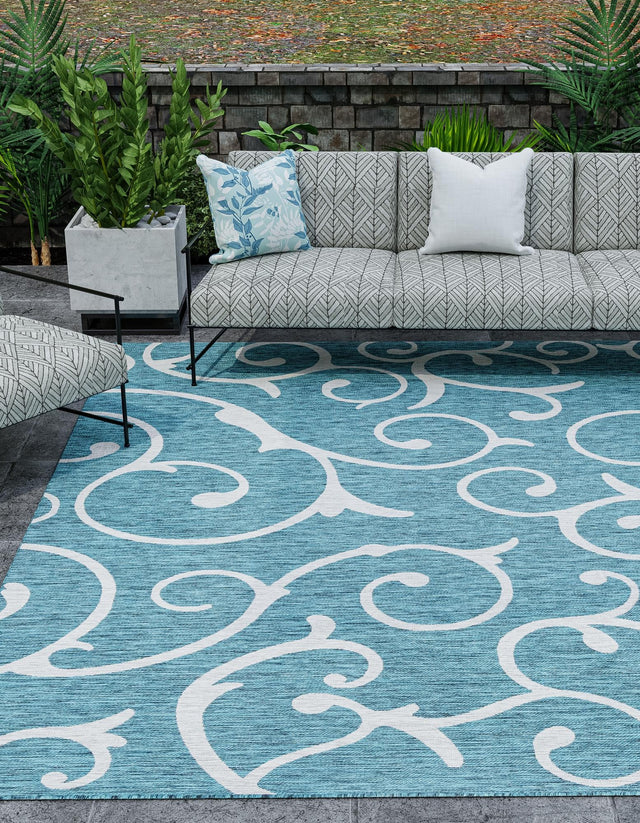 Teal 13' 1 x 13' 1 Outdoor Botanical Square Area Rug Weather Resistant for Patio, Deck, Terrace, Balcony, Porch Polypropylene Garden Floral Tropical Carpet for Sale at Rug Engine