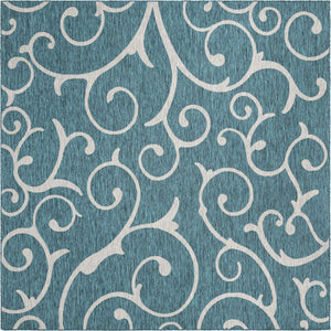 Teal 10' 8 x 10' 8 Outdoor Botanical Square Area Rug Weather Resistant for Patio, Deck, Terrace, Balcony, Porch Polypropylene Garden Floral Tropical Carpet for Sale at Rug Engine