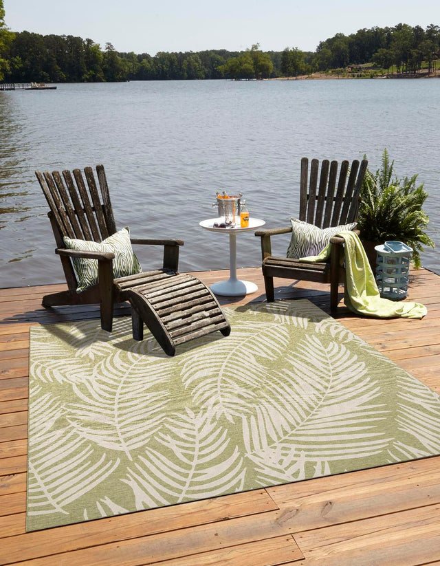 Green 10' 8 x 10' 8 Outdoor Botanical Square Area Rug Weather Resistant for Patio, Deck, Terrace, Balcony, Porch Polypropylene Garden Floral Tropical Carpet for Sale at Rug Engine