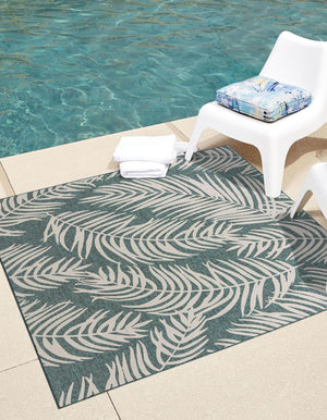 Teal 5' 3 x 5' 3 Outdoor Botanical Square Area Rug Weather Resistant for Patio, Deck, Terrace, Balcony, Porch Polypropylene Garden Floral Tropical Carpet for Sale at Rug Engine