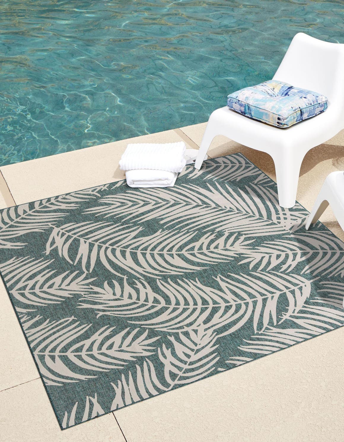 Teal 10' x 10' Outdoor Botanical Square Area Rug Weather Resistant for Patio, Deck, Terrace, Balcony, Porch Polypropylene Garden Floral Tropical Carpet for Sale at Rug Engine