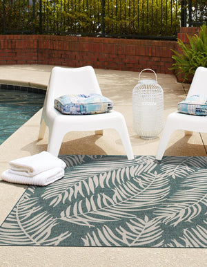 Teal 10' 8 x 10' 8 Outdoor Botanical Square Area Rug Weather Resistant for Patio, Deck, Terrace, Balcony, Porch Polypropylene Garden Floral Tropical Carpet for Sale at Rug Engine