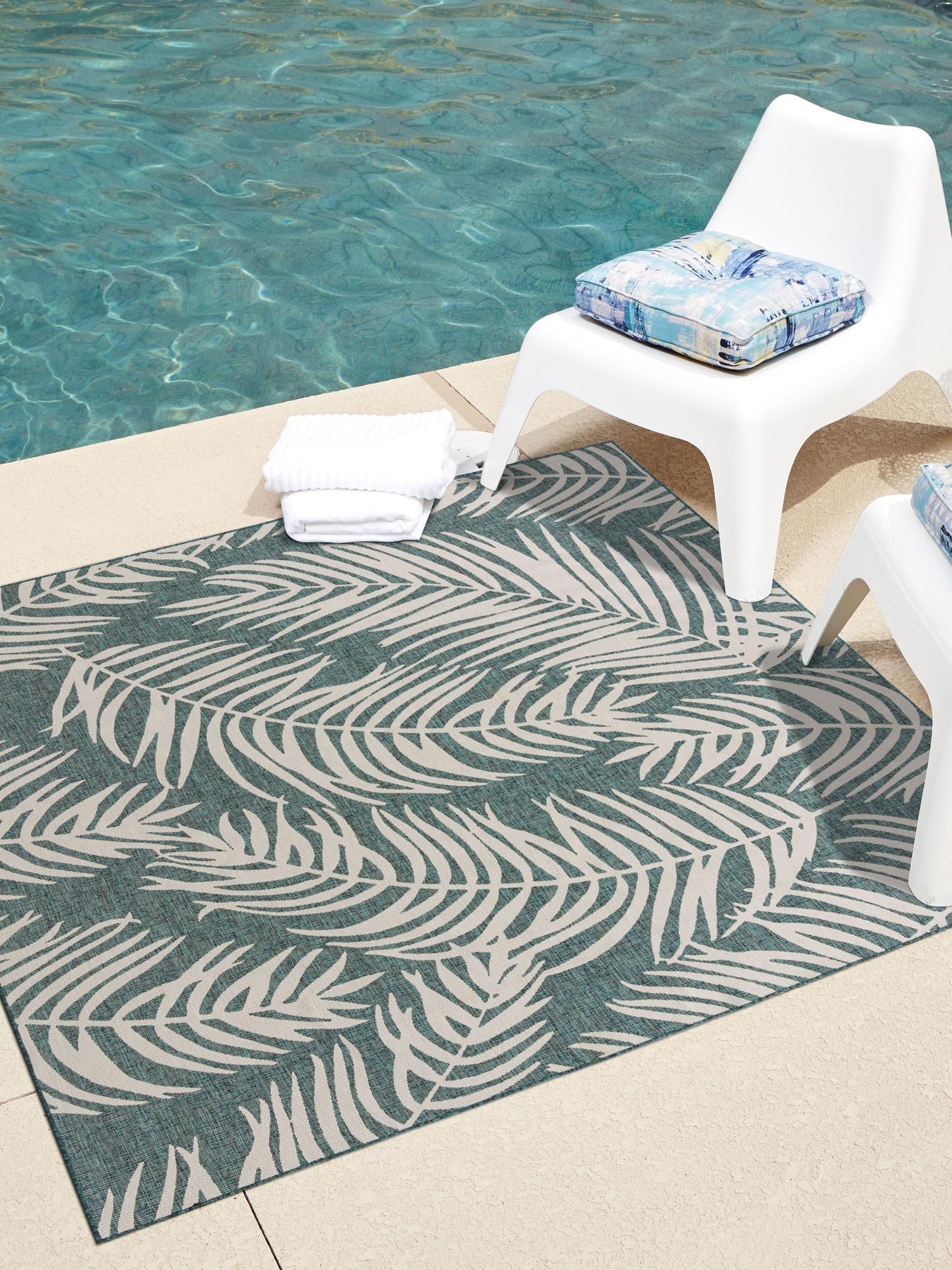 Teal 5' 3 x 5' 3 Outdoor Botanical Square Area Rug Weather Resistant for Patio, Deck, Terrace, Balcony, Porch Polypropylene Garden Floral Tropical Carpet for Sale at Rug Engine