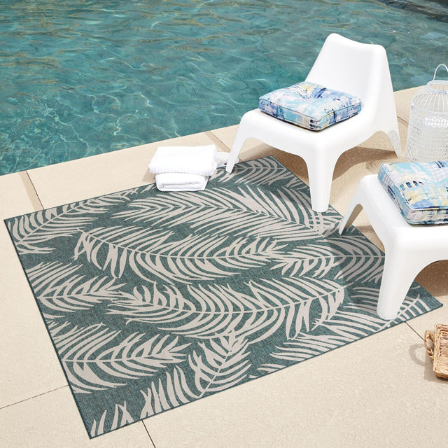 Teal 5' 3 x 5' 3 Outdoor Botanical Square Area Rug Weather Resistant for Patio, Deck, Terrace, Balcony, Porch Polypropylene Garden Floral Tropical Carpet for Sale at Rug Engine