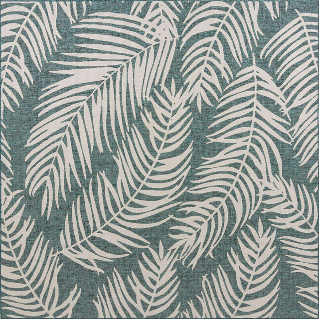 Teal 10' 8 x 10' 8 Outdoor Botanical Square Area Rug Weather Resistant for Patio, Deck, Terrace, Balcony, Porch Polypropylene Garden Floral Tropical Carpet for Sale at Rug Engine