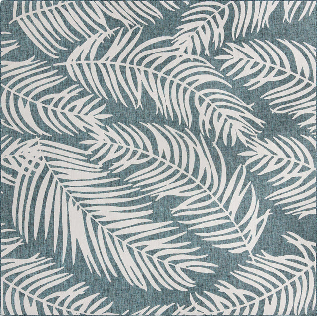 Teal 13' 1 x 13' 1 Outdoor Botanical Square Area Rug Weather Resistant for Patio, Deck, Terrace, Balcony, Porch Polypropylene Garden Floral Tropical Carpet for Sale at Rug Engine