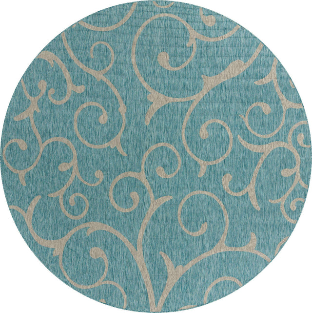 Light Aqua 10' 8 x 10' 8 Outdoor Botanical Round Area Rug Weather Resistant for Patio, Deck, Terrace, Balcony, Porch Polypropylene Garden Floral Tropical Carpet for Sale at Rug Engine