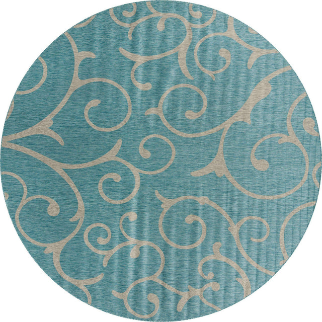Light Aqua 13' 1 x 13' 1 Outdoor Botanical Round Area Rug Weather Resistant for Patio, Deck, Terrace, Balcony, Porch Polypropylene Garden Floral Tropical Carpet for Sale at Rug Engine