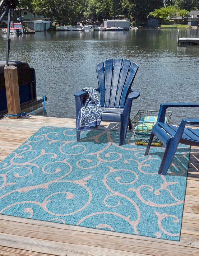 Light Aqua 10' 8 x 10' 8 Outdoor Botanical Square Area Rug Weather Resistant for Patio, Deck, Terrace, Balcony, Porch Polypropylene Garden Floral Tropical Carpet for Sale at Rug Engine