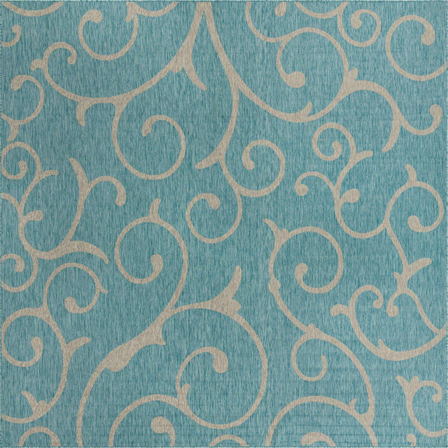 Light Aqua 13' 1 x 13' 1 Outdoor Botanical Square Area Rug Weather Resistant for Patio, Deck, Terrace, Balcony, Porch Polypropylene Garden Floral Tropical Carpet for Sale at Rug Engine