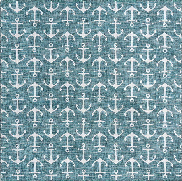 Teal 13' 1 x 13' 1 Outdoor Coastal Square Area Rug Weather Resistant for Patio, Deck, Terrace, Balcony, Porch 100% Polypropylene Coastal Decor Carpet for Sale at Rug Engine