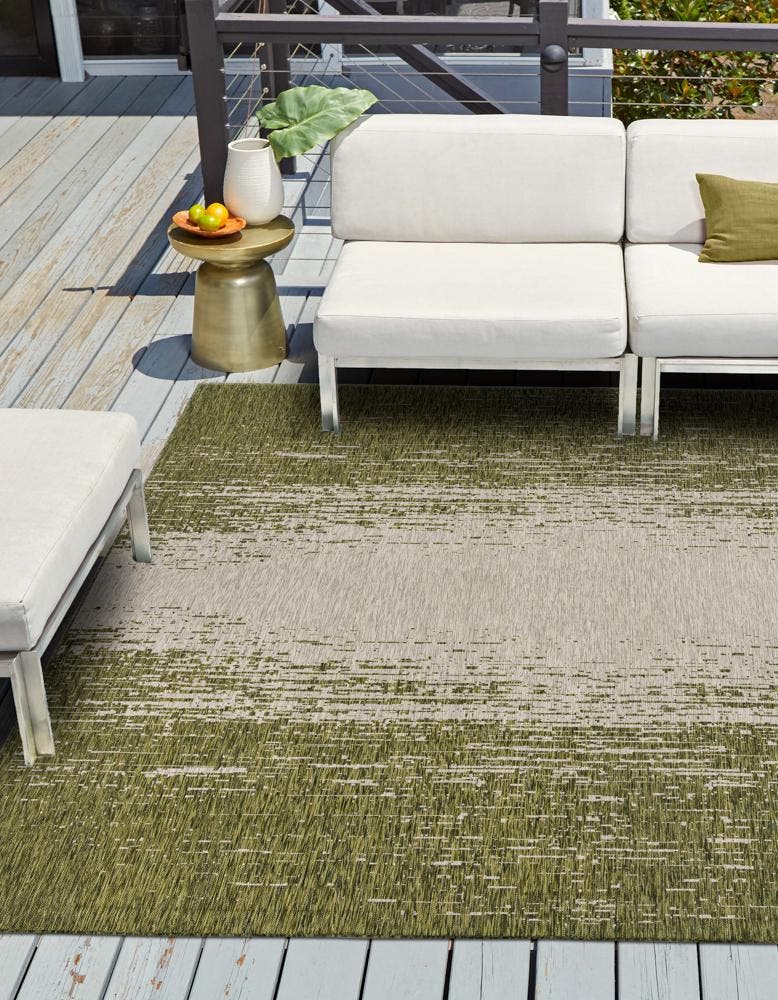 Green 13' 1 x 13' 1 Outdoor Modern Square Area Rug Weather Resistant for Patio, Deck, Terrace, Balcony, Porch 100% Polypropylene Modern Outside Carpet for Sale at Rug Engine