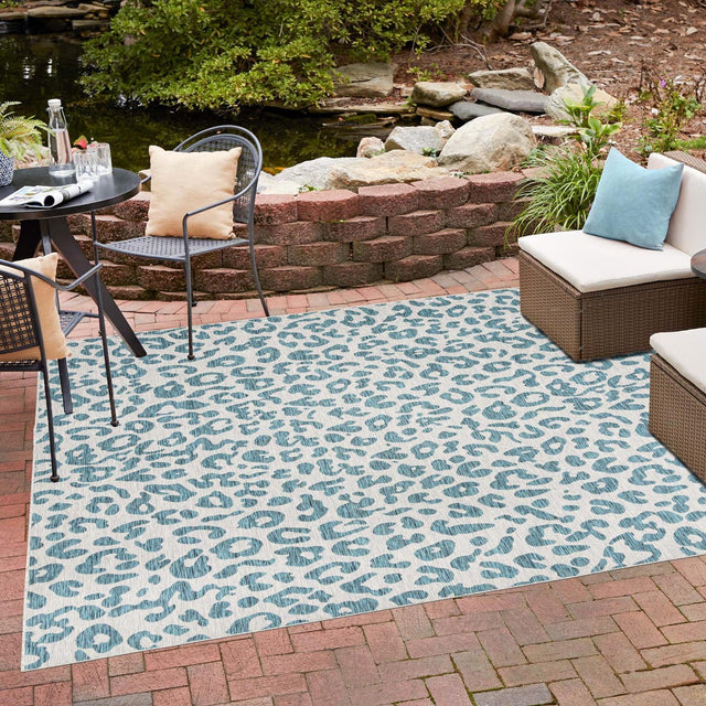 Teal 13' 1 x 13' 1 Outdoor Safari Square Area Rug Weather Resistant for Patio, Deck, Terrace, Balcony, Porch Animal Print Wildlife Nature Carpet for Sale at Rug Engine