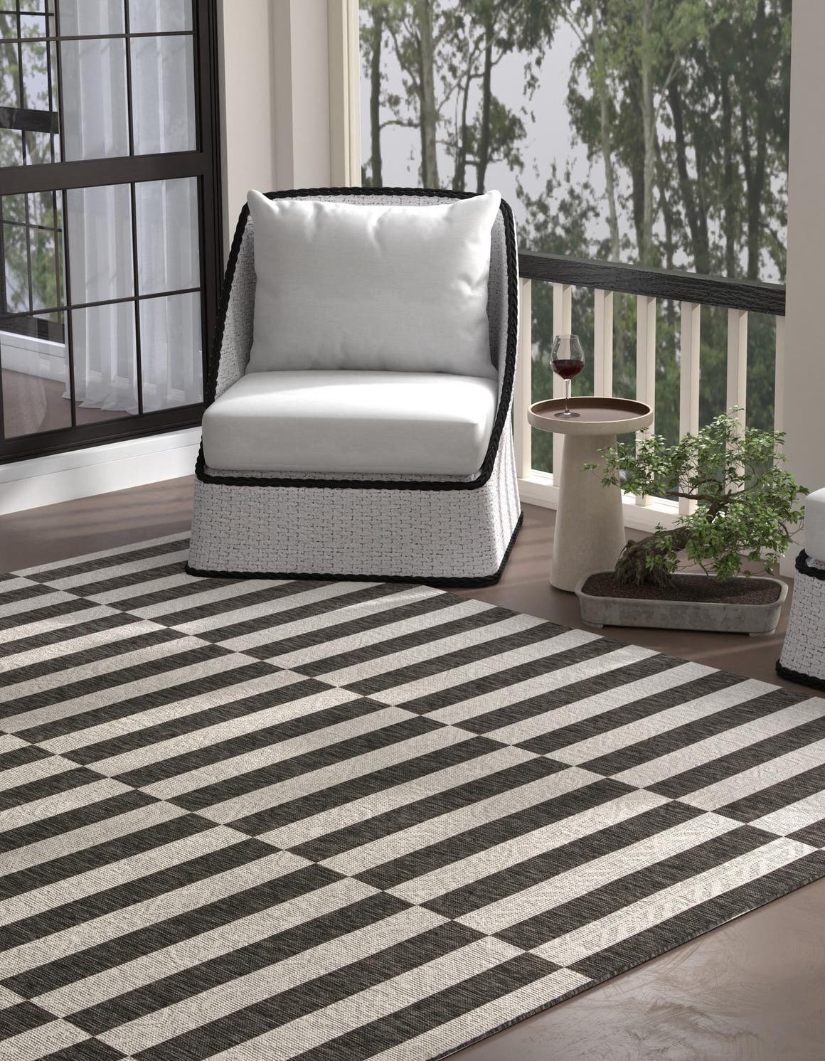 Charcoal 13' 1 x 13' 1 Outdoor Striped Square Area Rug Weather Resistant for Patio, Deck, Terrace, Balcony, Porch Geometric Pattern Waterproof Carpet for Sale at Rug Engine