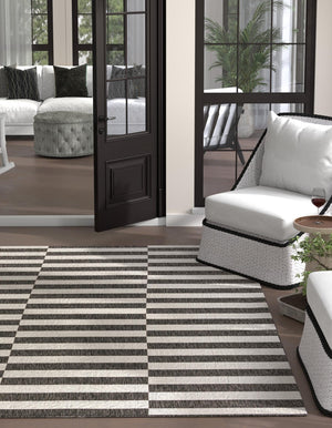 Charcoal 13' 1 x 13' 1 Outdoor Striped Square Area Rug Weather Resistant for Patio, Deck, Terrace, Balcony, Porch Geometric Pattern Waterproof Carpet for Sale at Rug Engine