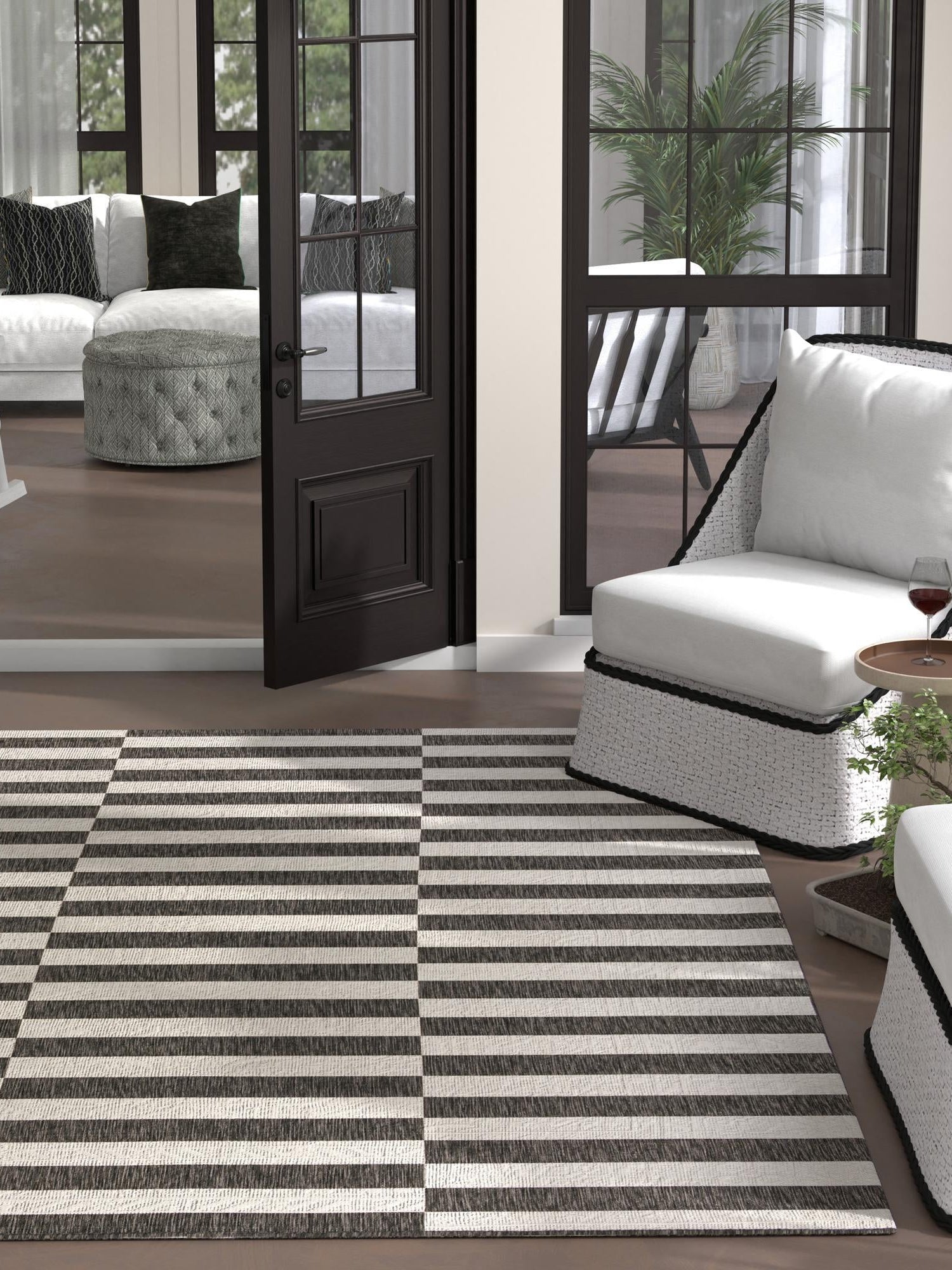 Charcoal 10' 8 x 10' 8 Outdoor Striped Square Area Rug Weather Resistant for Patio, Deck, Terrace, Balcony, Porch Geometric Pattern Waterproof Carpet for Sale at Rug Engine