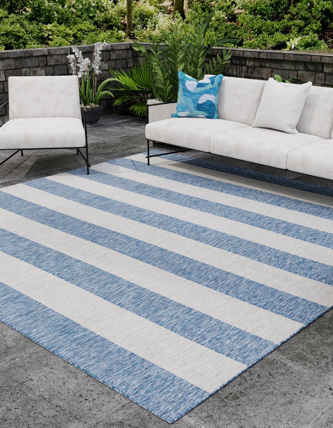 Blue 12' x 12' Outdoor Striped Square Area Rug Weather Resistant for Patio, Deck, Terrace, Balcony, Porch Geometric Pattern Waterproof Carpet for Sale at Rug Engine