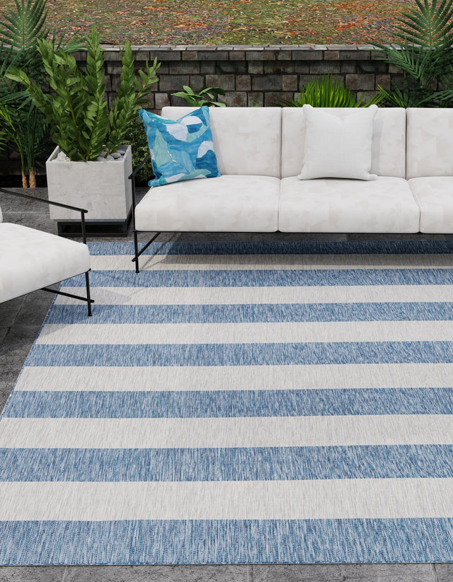 Blue 6' 1 x 6' 1 Outdoor Striped Square Area Rug Weather Resistant for Patio, Deck, Terrace, Balcony, Porch Geometric Pattern Waterproof Carpet for Sale at Rug Engine