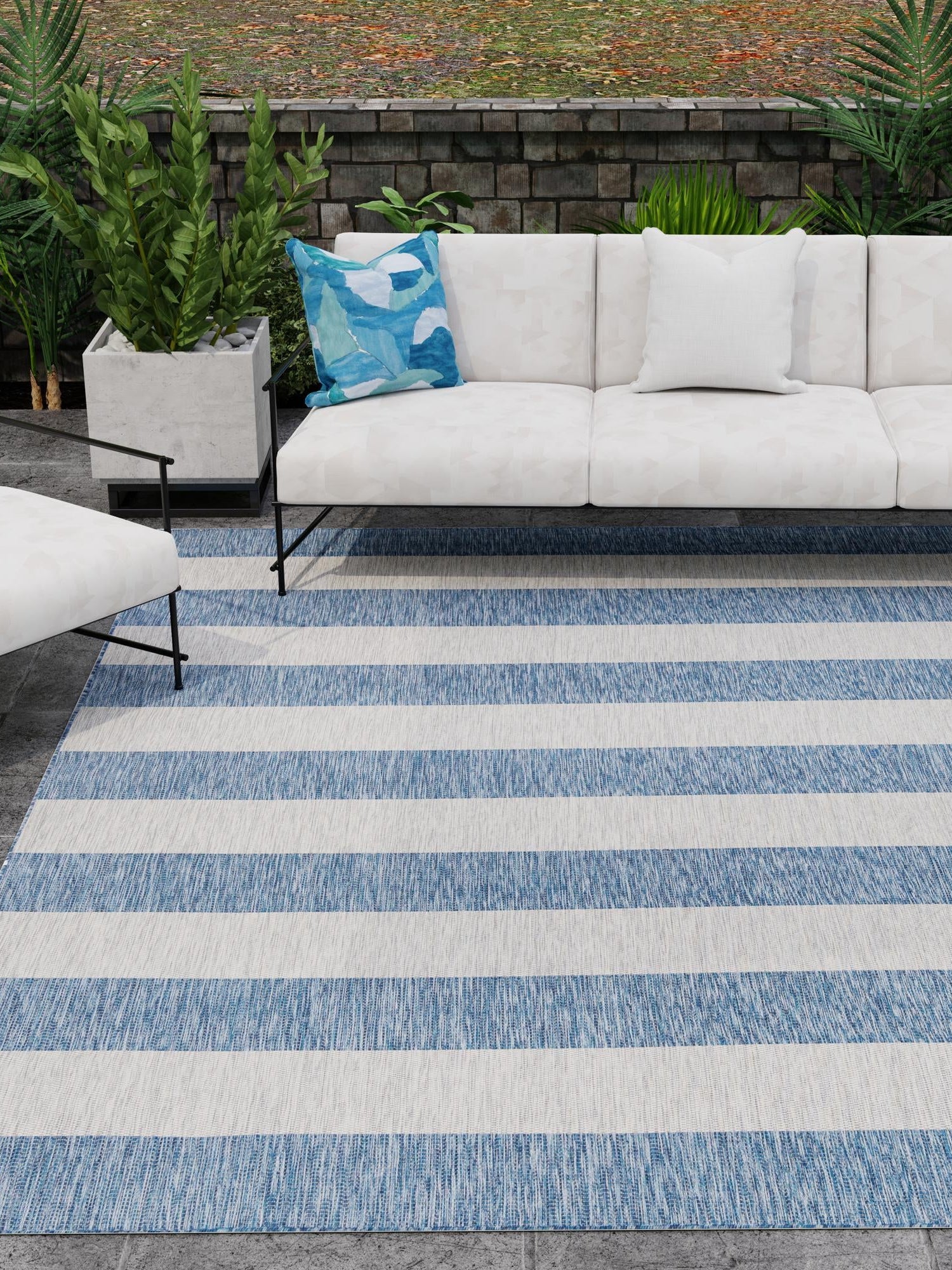 Blue 13' 1 x 13' 1 Outdoor Striped Square Area Rug Weather Resistant for Patio, Deck, Terrace, Balcony, Porch Geometric Pattern Waterproof Carpet for Sale at Rug Engine