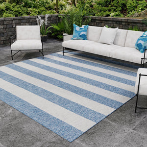 Blue 6' 1 x 6' 1 Outdoor Striped Square Area Rug Weather Resistant for Patio, Deck, Terrace, Balcony, Porch Geometric Pattern Waterproof Carpet for Sale at Rug Engine