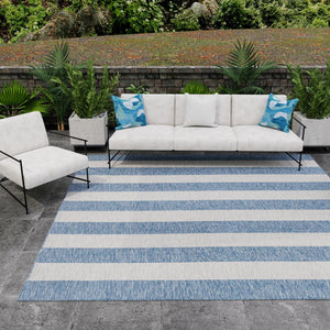 Blue 5' 3 x 5' 3 Outdoor Striped Square Area Rug Weather Resistant for Patio, Deck, Terrace, Balcony, Porch Geometric Pattern Waterproof Carpet for Sale at Rug Engine