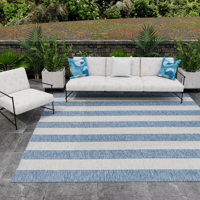 Blue 5' 3 x 5' 3 Outdoor Striped Square Area Rug Weather Resistant for Patio, Deck, Terrace, Balcony, Porch Geometric Pattern Waterproof Carpet for Sale at Rug Engine