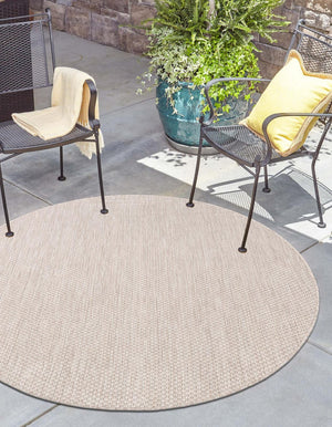 Beige 10' x 10' Outdoor Solid Round Area Rug Weather Resistant for Patio, Deck, Terrace, Balcony, Porch 100% Polypropylene Minimalist Waterproof Carpet for Sale at Rug Engine