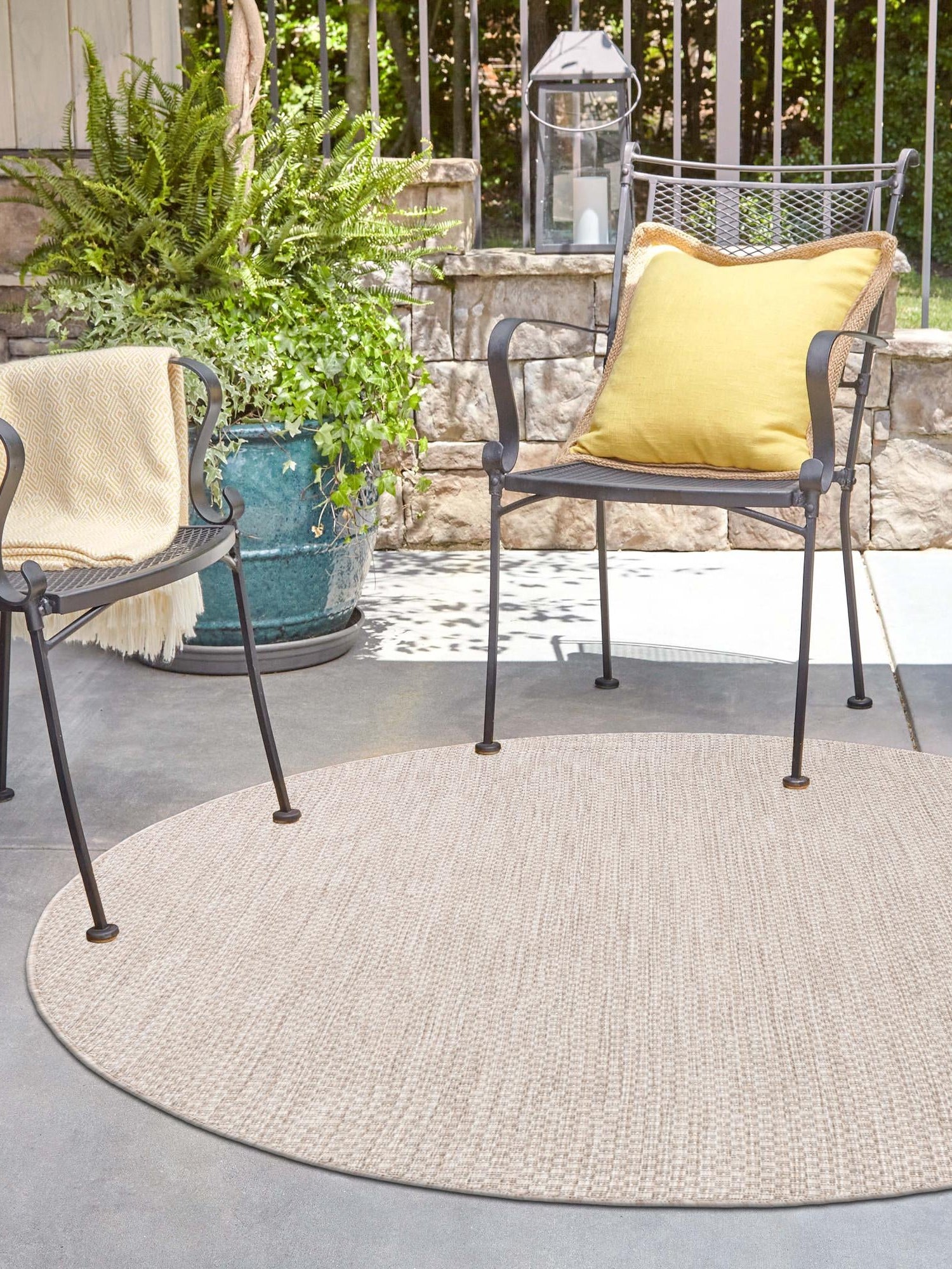 Beige 7' 10 x 7' 10 Outdoor Solid Round Area Rug Weather Resistant for Patio, Deck, Terrace, Balcony, Porch 100% Polypropylene Minimalist Waterproof Carpet for Sale at Rug Engine