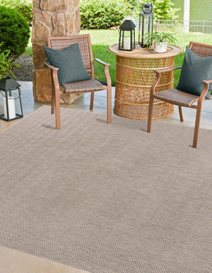 Beige 10' x 10' Outdoor Solid Square Area Rug Weather Resistant for Patio, Deck, Terrace, Balcony, Porch 100% Polypropylene Minimalist Waterproof Carpet for Sale at Rug Engine