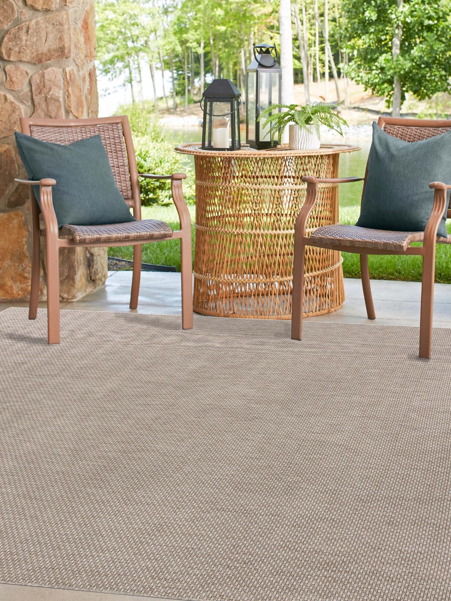 Beige 10' x 10' Outdoor Solid Square Area Rug Weather Resistant for Patio, Deck, Terrace, Balcony, Porch 100% Polypropylene Minimalist Waterproof Carpet for Sale at Rug Engine
