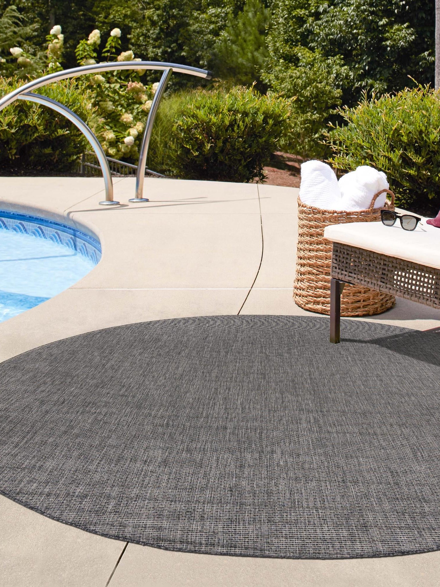 Black 6' 1 x 6' 1 Outdoor Solid Round Area Rug Weather Resistant for Patio, Deck, Terrace, Balcony, Porch 100% Polypropylene Minimalist Waterproof Carpet for Sale at Rug Engine