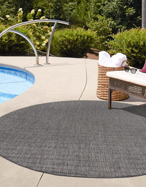 Black 7' 10 x 7' 10 Outdoor Solid Round Area Rug Weather Resistant for Patio, Deck, Terrace, Balcony, Porch 100% Polypropylene Minimalist Waterproof Carpet for Sale at Rug Engine