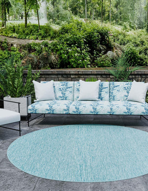 Aquamarine 10' 8 x 10' 8 Outdoor Solid Round Area Rug Weather Resistant for Patio, Deck, Terrace, Balcony, Porch 100% Polypropylene Minimalist Waterproof Carpet for Sale at Rug Engine