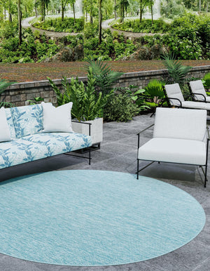 Aquamarine 13' 1 x 13' 1 Outdoor Solid Round Area Rug Weather Resistant for Patio, Deck, Terrace, Balcony, Porch 100% Polypropylene Minimalist Waterproof Carpet for Sale at Rug Engine