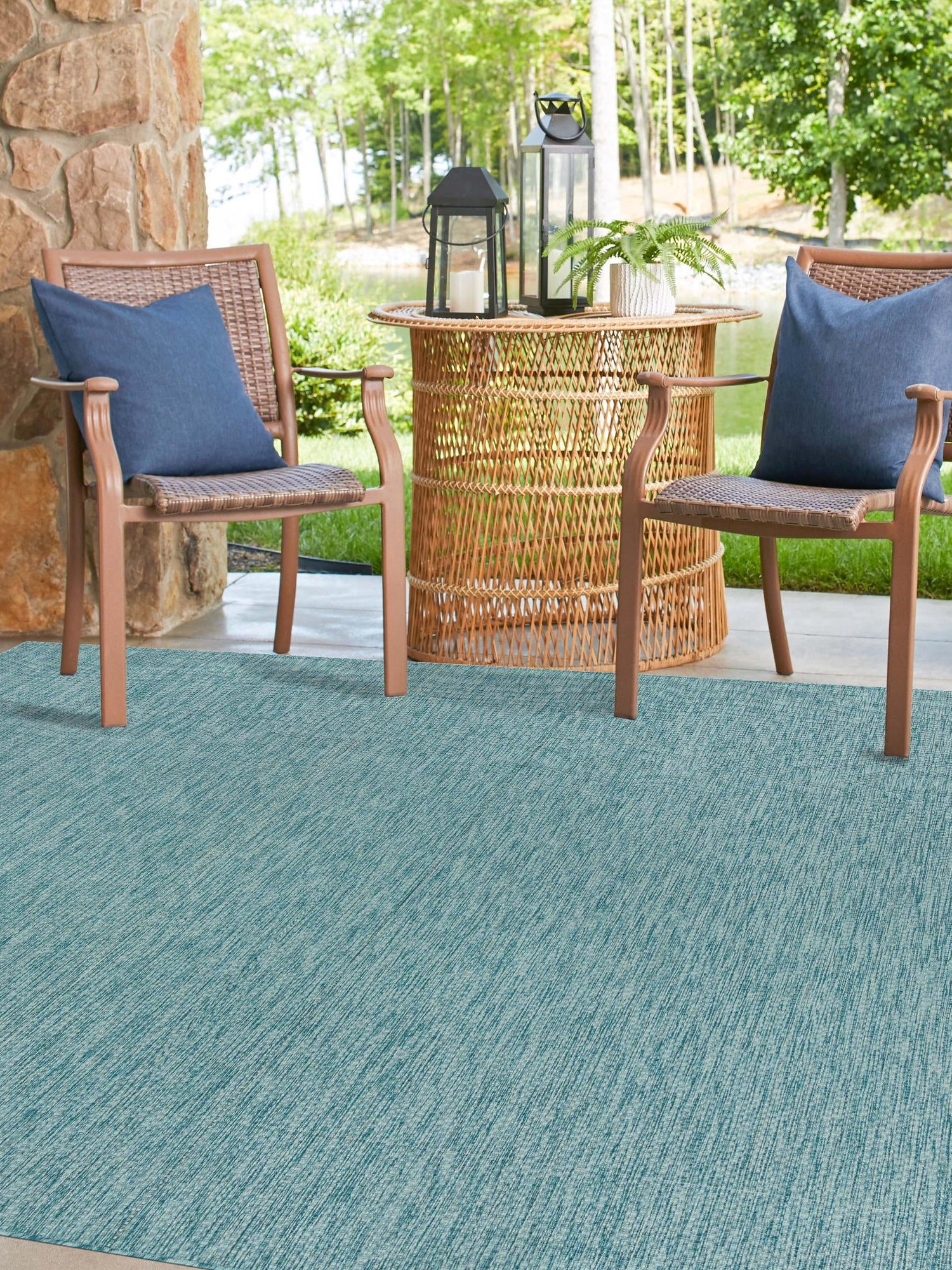 Aquamarine 13' 1 x 13' 1 Outdoor Solid Square Area Rug Weather Resistant for Patio, Deck, Terrace, Balcony, Porch 100% Polypropylene Minimalist Waterproof Carpet for Sale at Rug Engine