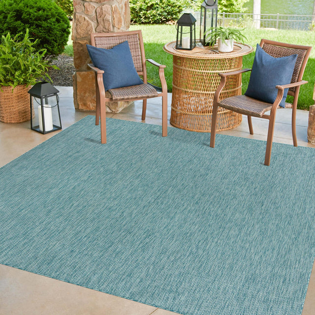 Aquamarine 10' 8 x 10' 8 Outdoor Solid Square Area Rug Weather Resistant for Patio, Deck, Terrace, Balcony, Porch 100% Polypropylene Minimalist Waterproof Carpet for Sale at Rug Engine