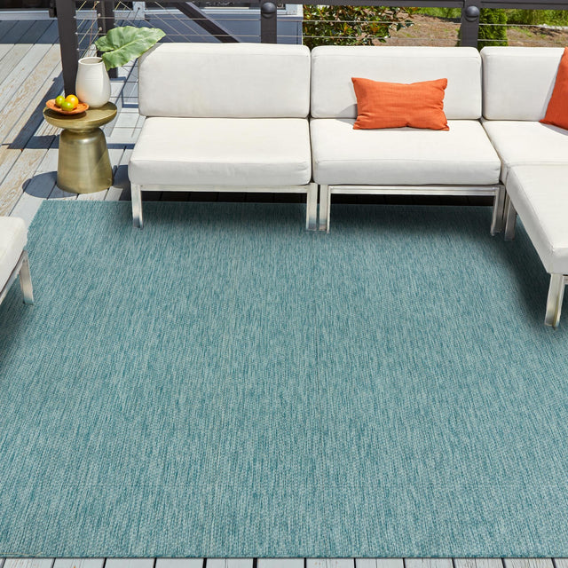 Aquamarine 10' 8 x 10' 8 Outdoor Solid Square Area Rug Weather Resistant for Patio, Deck, Terrace, Balcony, Porch 100% Polypropylene Minimalist Waterproof Carpet for Sale at Rug Engine