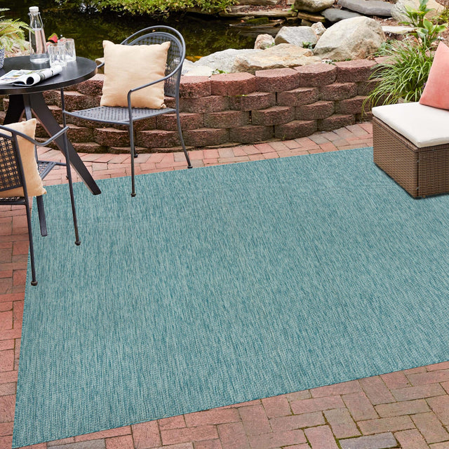 Aquamarine 10' 8 x 10' 8 Outdoor Solid Square Area Rug Weather Resistant for Patio, Deck, Terrace, Balcony, Porch 100% Polypropylene Minimalist Waterproof Carpet for Sale at Rug Engine