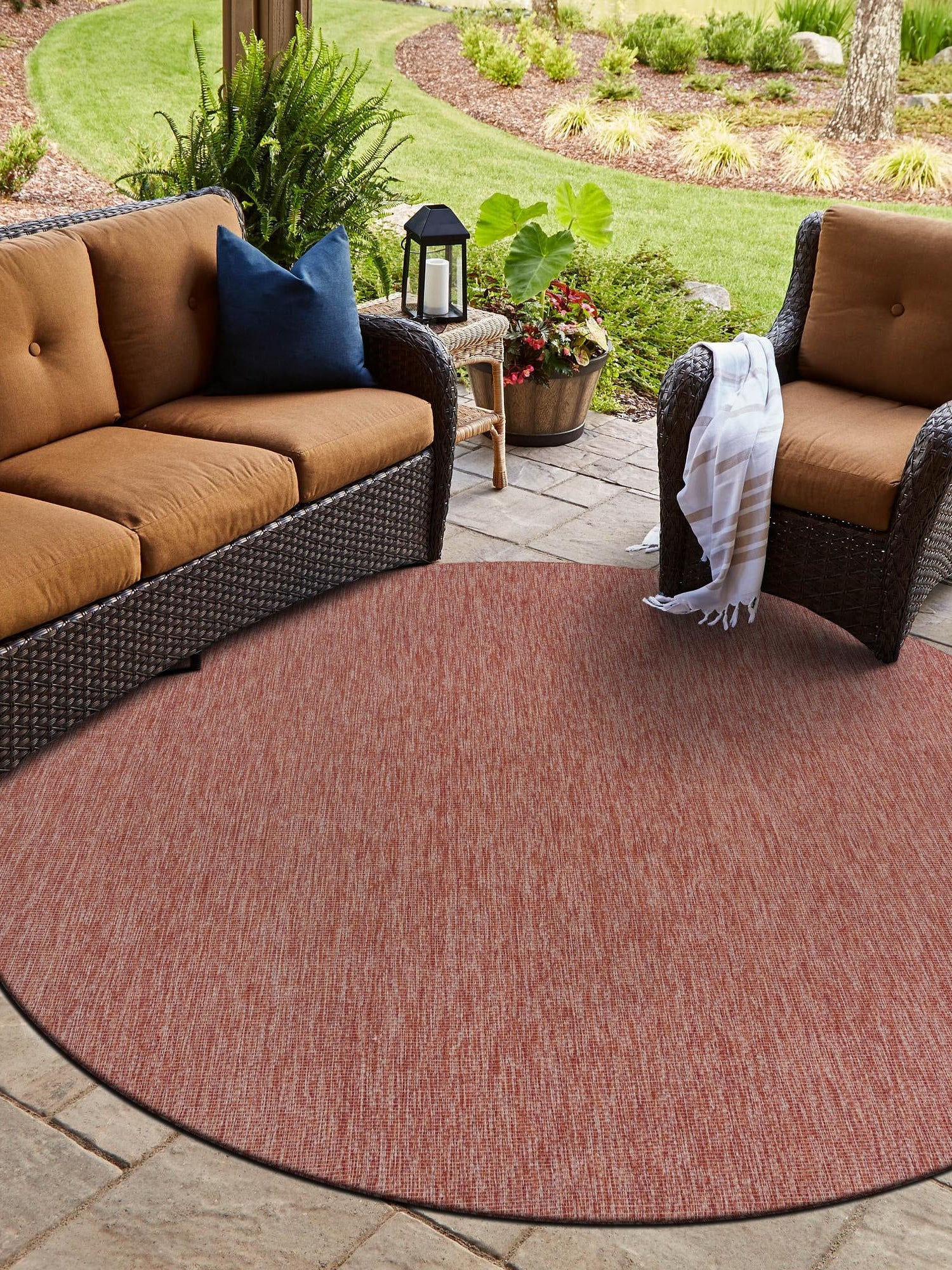 Rust Red 10' 8 x 10' 8 Outdoor Solid Round Area Rug Weather Resistant for Patio, Deck, Terrace, Balcony, Porch 100% Polypropylene Minimalist Waterproof Carpet for Sale at Rug Engine