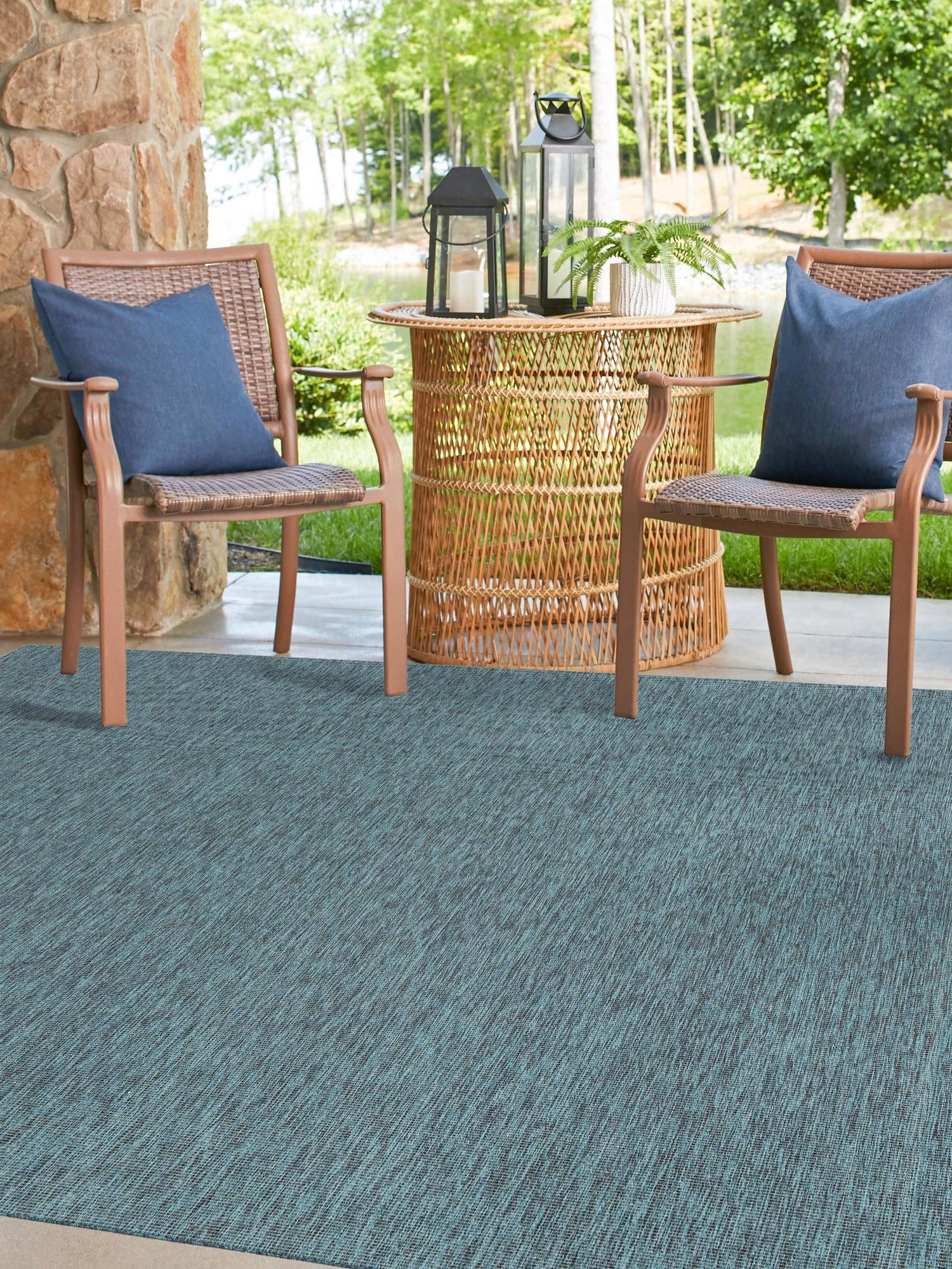 Teal 6' 1 x 6' 1 Outdoor Solid Square Area Rug Weather Resistant for Patio, Deck, Terrace, Balcony, Porch 100% Polypropylene Minimalist Waterproof Carpet for Sale at Rug Engine