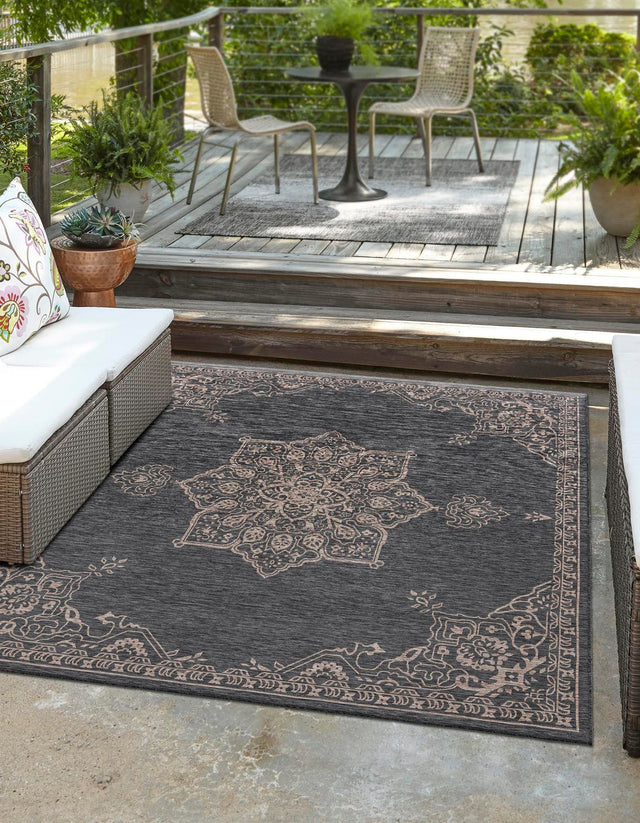 Charcoal Gray 10' x 10' Outdoor Traditional Square Area Rug Weather Resistant for Patio, Deck, Terrace, Balcony, Porch Classical Design Outside Carpet for Sale at Rug Engine